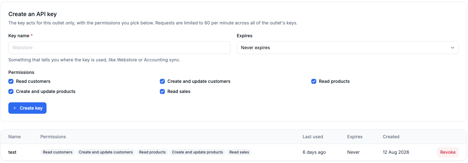 Creating an API key in Settings