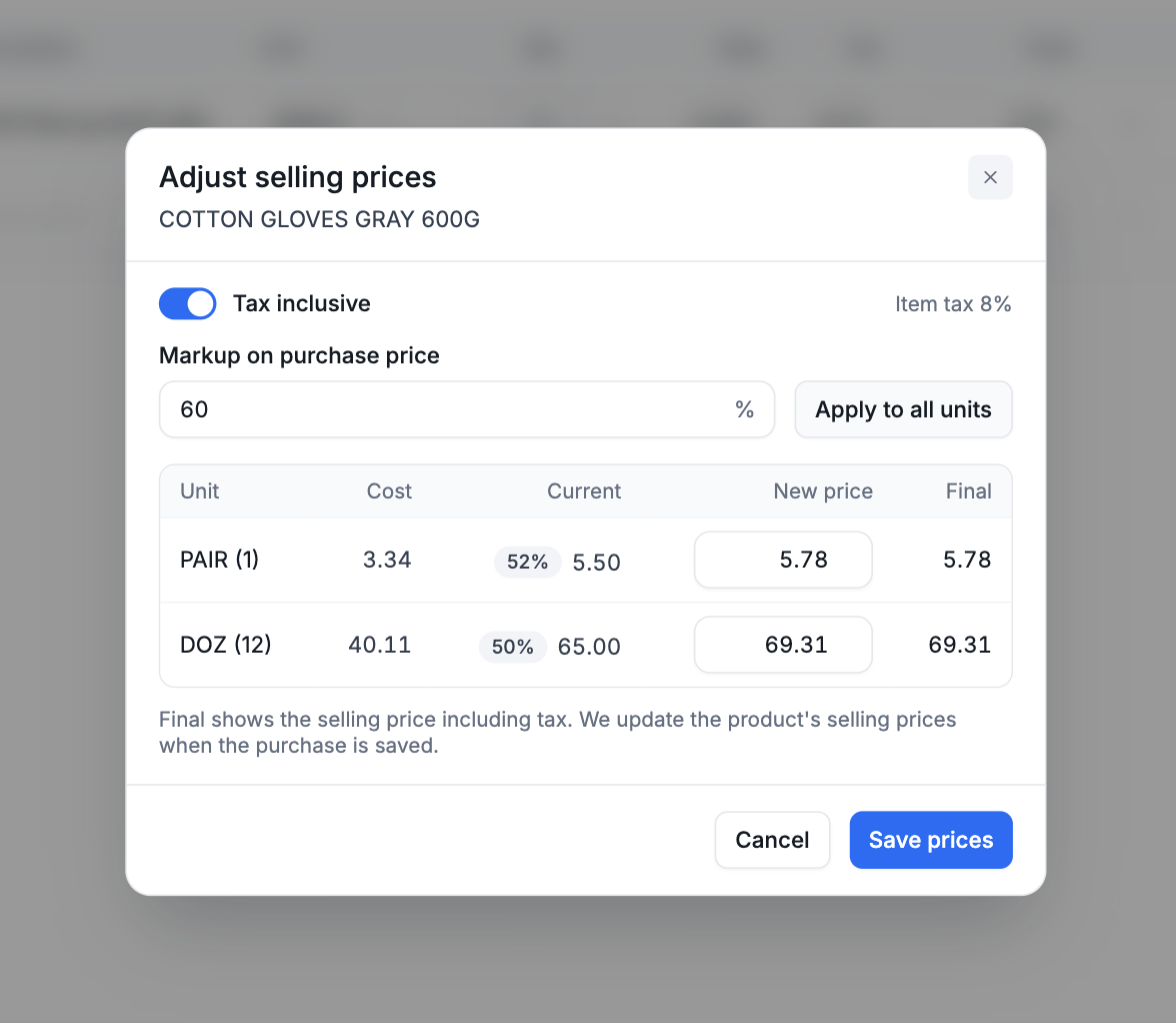 The selling price window with the markup calculator