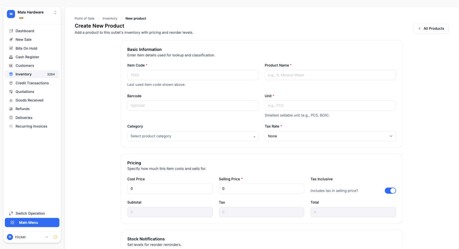 Creating a new product