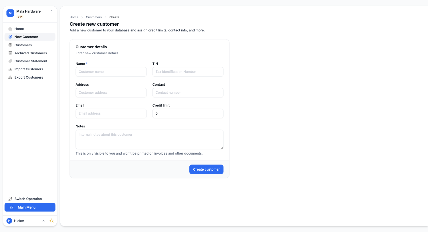 Creating a new customer
