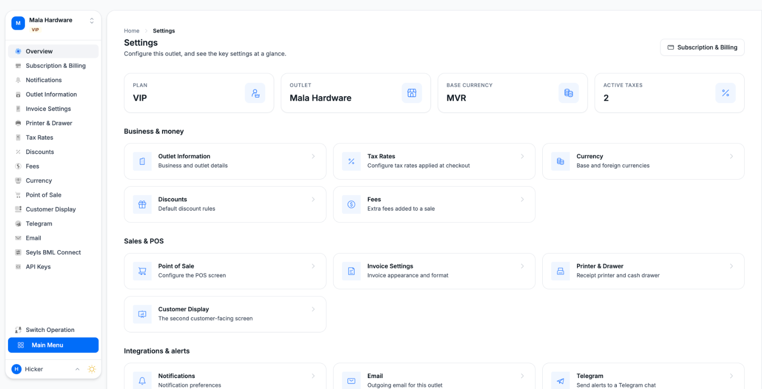 The settings screen