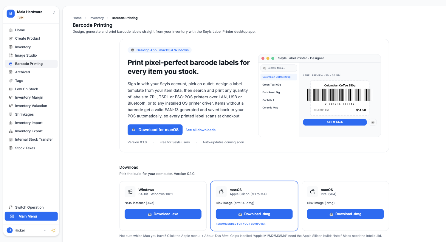 The Seyls Label Printer page
